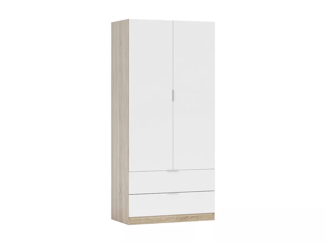 Armoire Darest, Armoire de chambre avec 2 portes et 2 tiroirs, Armoire avec tringle à vêtements, 82x52h180 cm, Blanc et Chêne