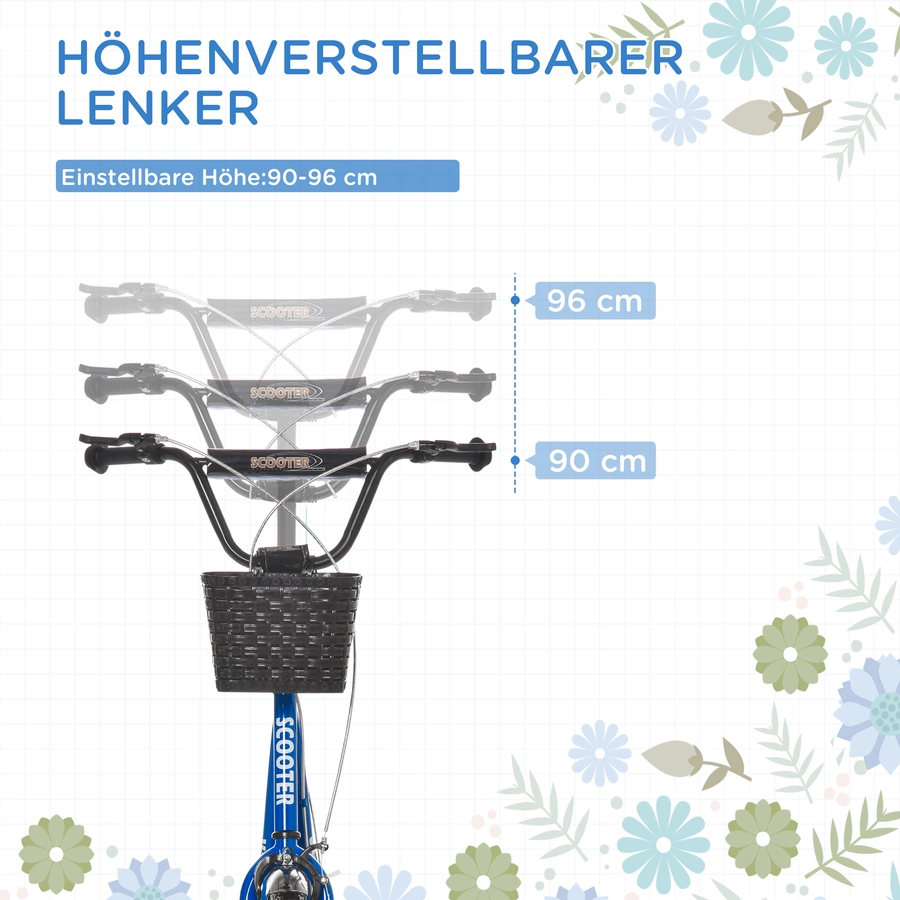 HOMCOM Kinderroller mit Vorderkorb blau, weiß