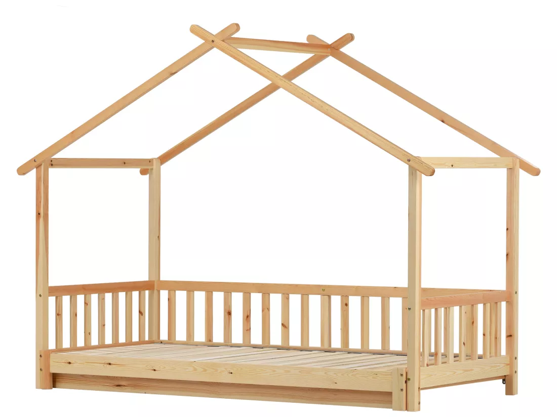 Lit gigogne cabane - 90 x 200 cm - bois massif - sommier à lattes - coloris naturel