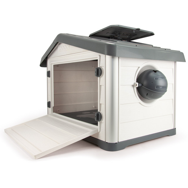 Loboo – Smartkave Casinha Modular para Cães na Cor Antracite, com Piso Elevado, Paredes Isoladas, Comedouro, Bordas Arredondadas e Parede Traseira Articulada.