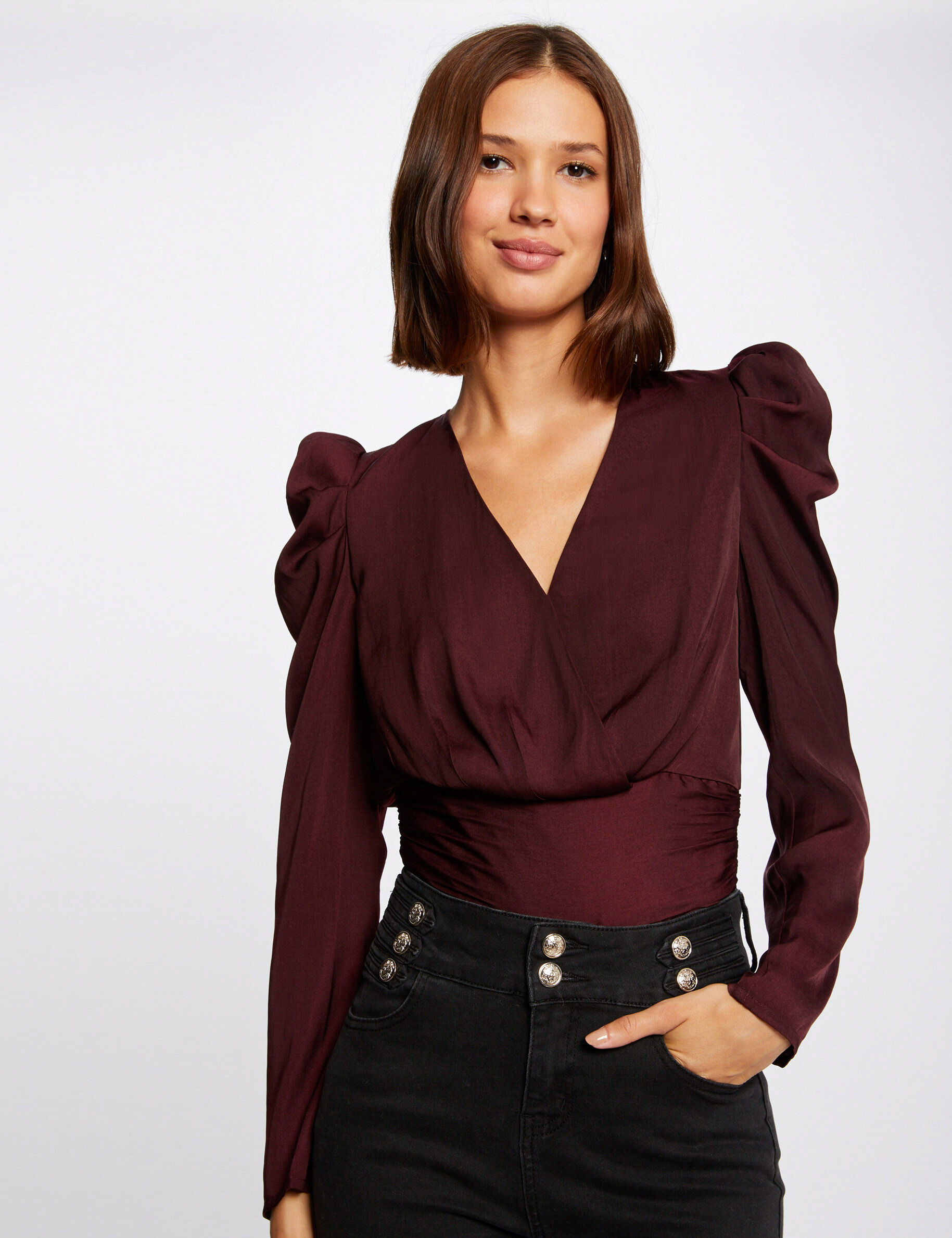 Blouse manches longues col cache-coeur prune femme - prune
