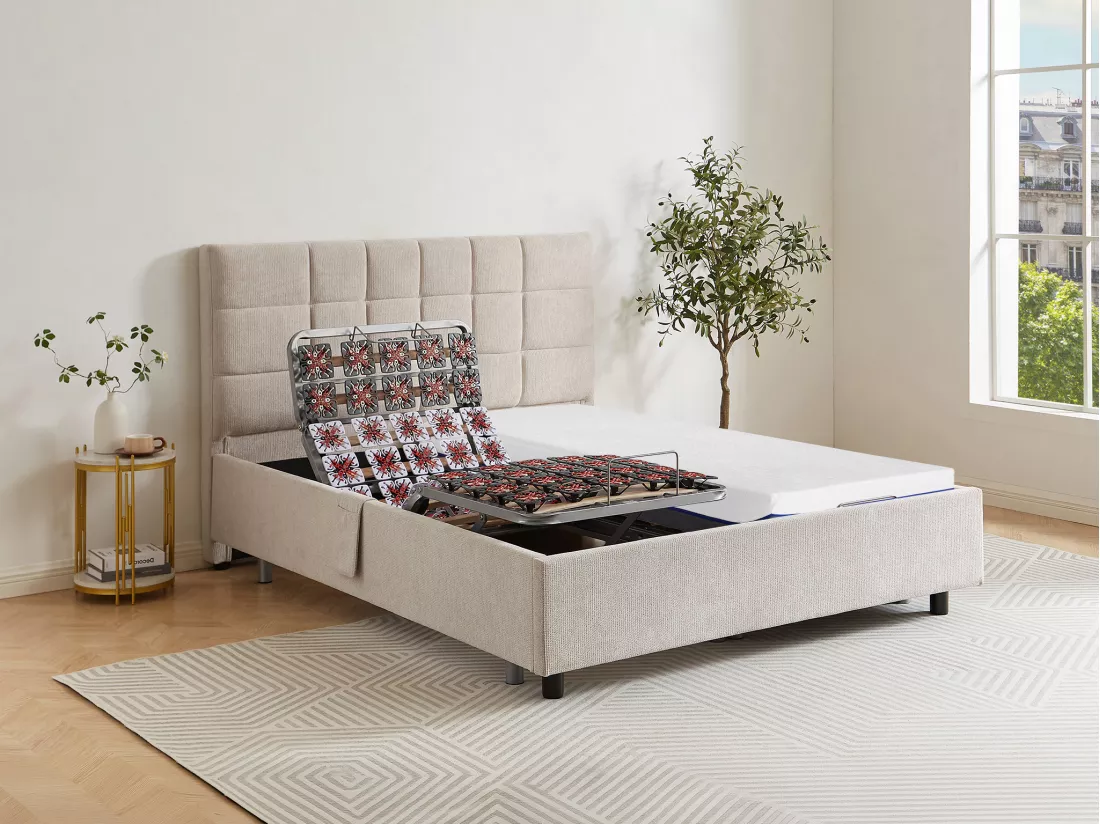 Lit électrique de relaxation déco tout plots + matelas mémoire de forme - 2 x 90 x 200 cm - Tissu - Beige - EREGA de YSMÉE