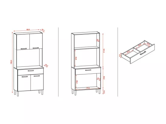 Buffet de Cuisine 4 Portes 1 Tiroir Blanc 3 Niches L 80 H 180 P 36.3 cm