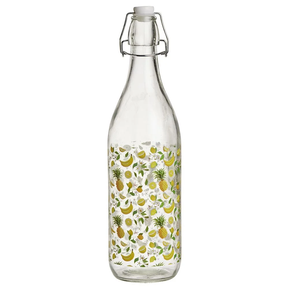 Bouteille verre motif fruit exotique jaune bouchon mécanique 1L H30cm