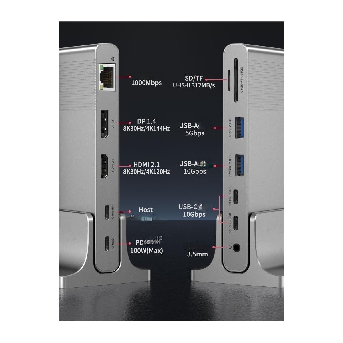 NÖRDIC USB-C 1 til 12 Dokkingstasjon 1xDP 8K30Hz 1xHDMI 8K30Hz 1xRJ45 GigaLan 1xUSB-C PD100W 3xUSB 10G 1xUSB 5G 1xSD 1XMicroSD 1x3,5 mm