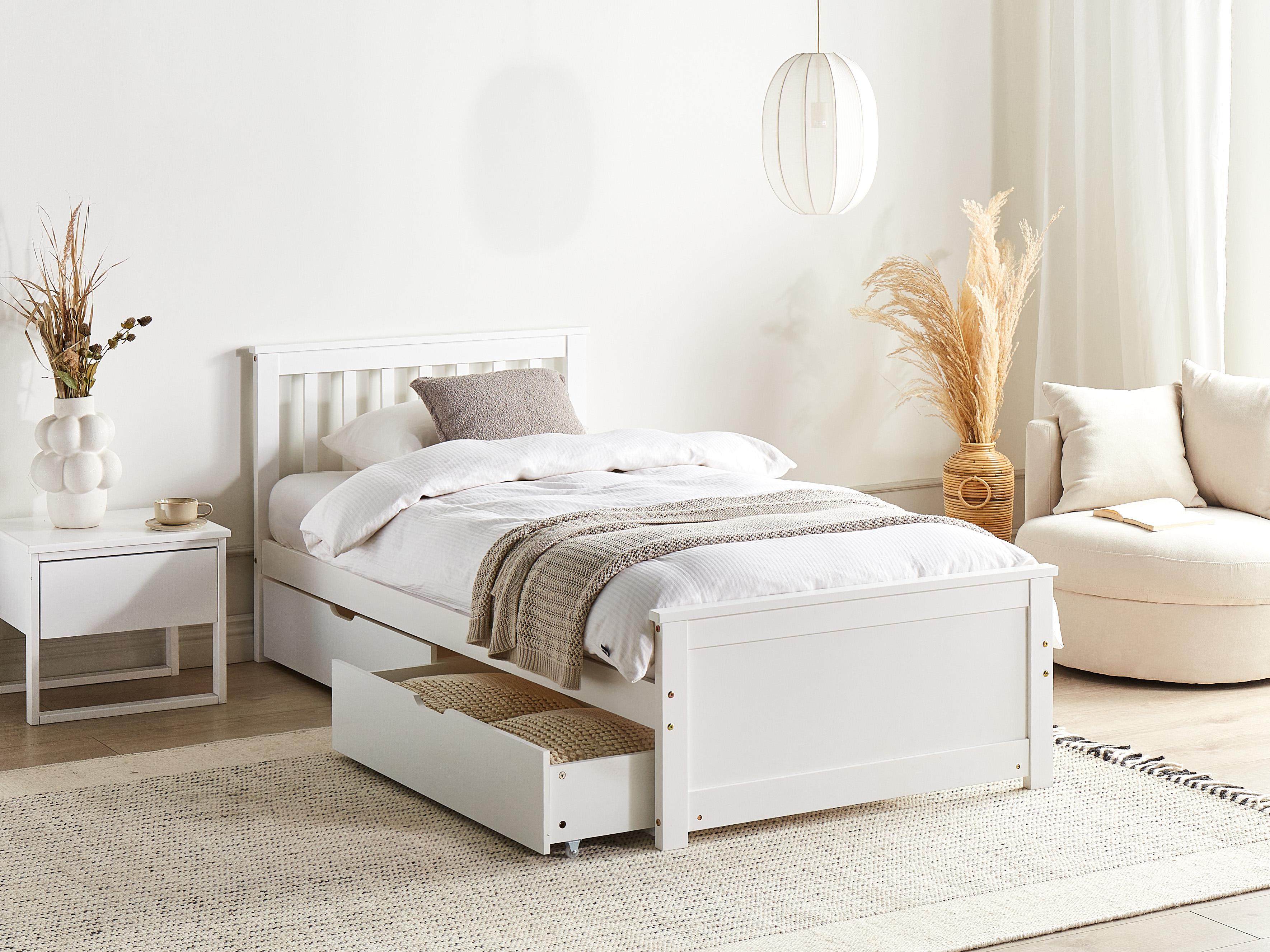 Bed met opbergladen Dennenhout OLENDON 90 x 200 cm Wit