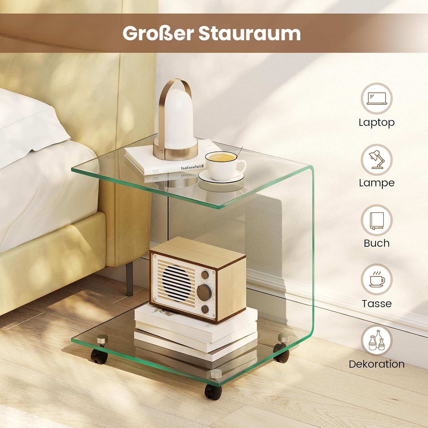 COSTWAY Beistelltisch aus gehärtetem Glas mit Rollen, Glastisch C-Form, Nachttisch, Sofatisch, Kaffeetisch für Wohnzimmer, Schlafzimmer, 45 x 40 x 48 cm (Transparent)