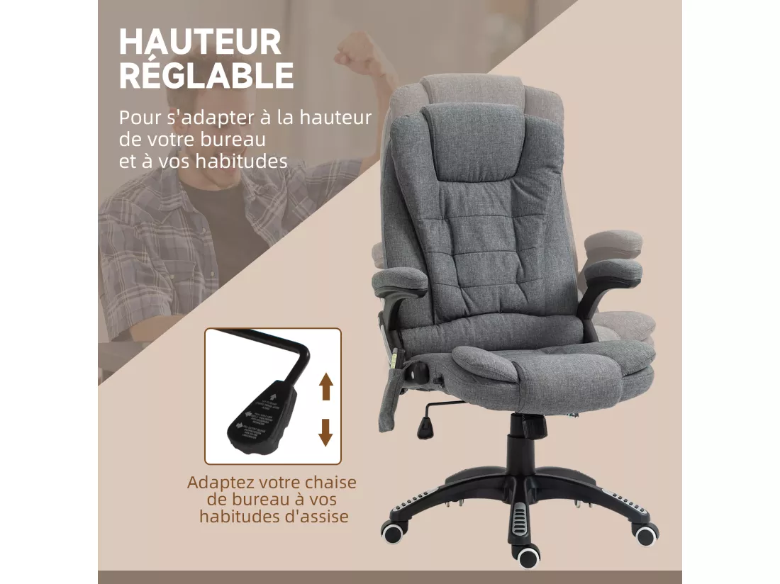Fauteuil de bureau direction massant chauffant hauteur réglable dossier inclinable toile de lin gris chiné