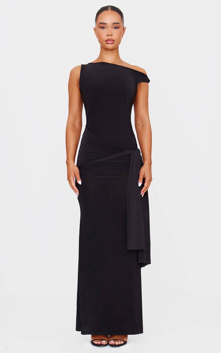 Noir Robe Longue Moulante À Épaules Dénudées Avec Détail Cache-cœur