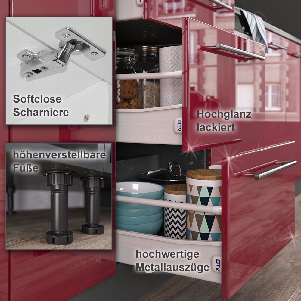 Vicco Eckküche Fame-LINE Küchenzeile Küche 190cm Bordeaux Hochglanz