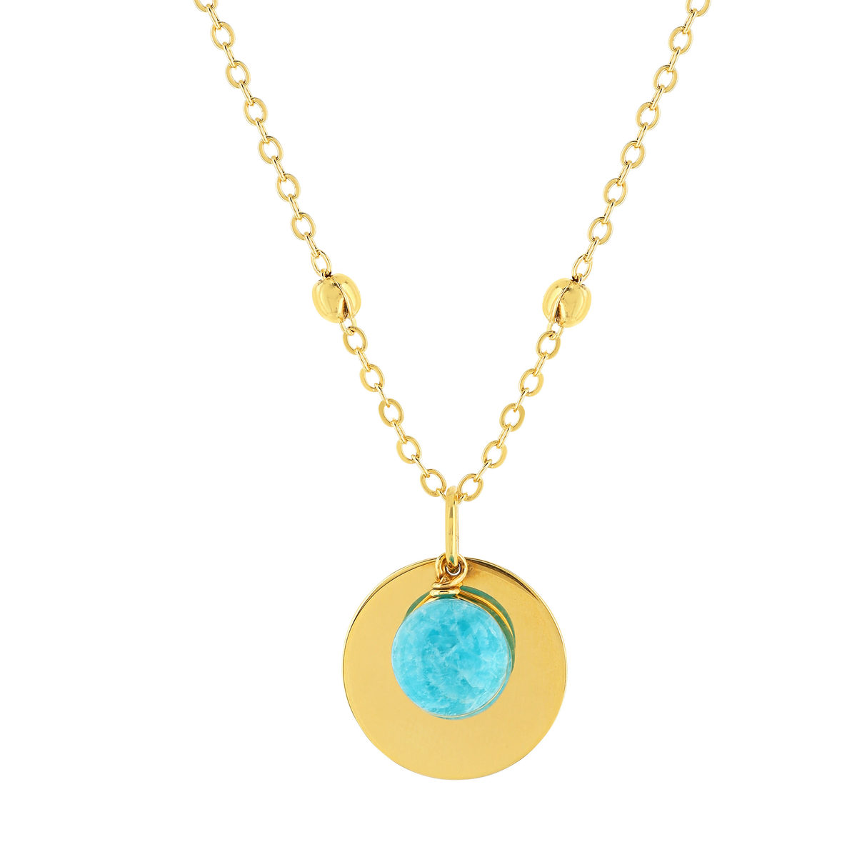 Collier plaqué or jaune, disque et amazonite en pampille 48 cm