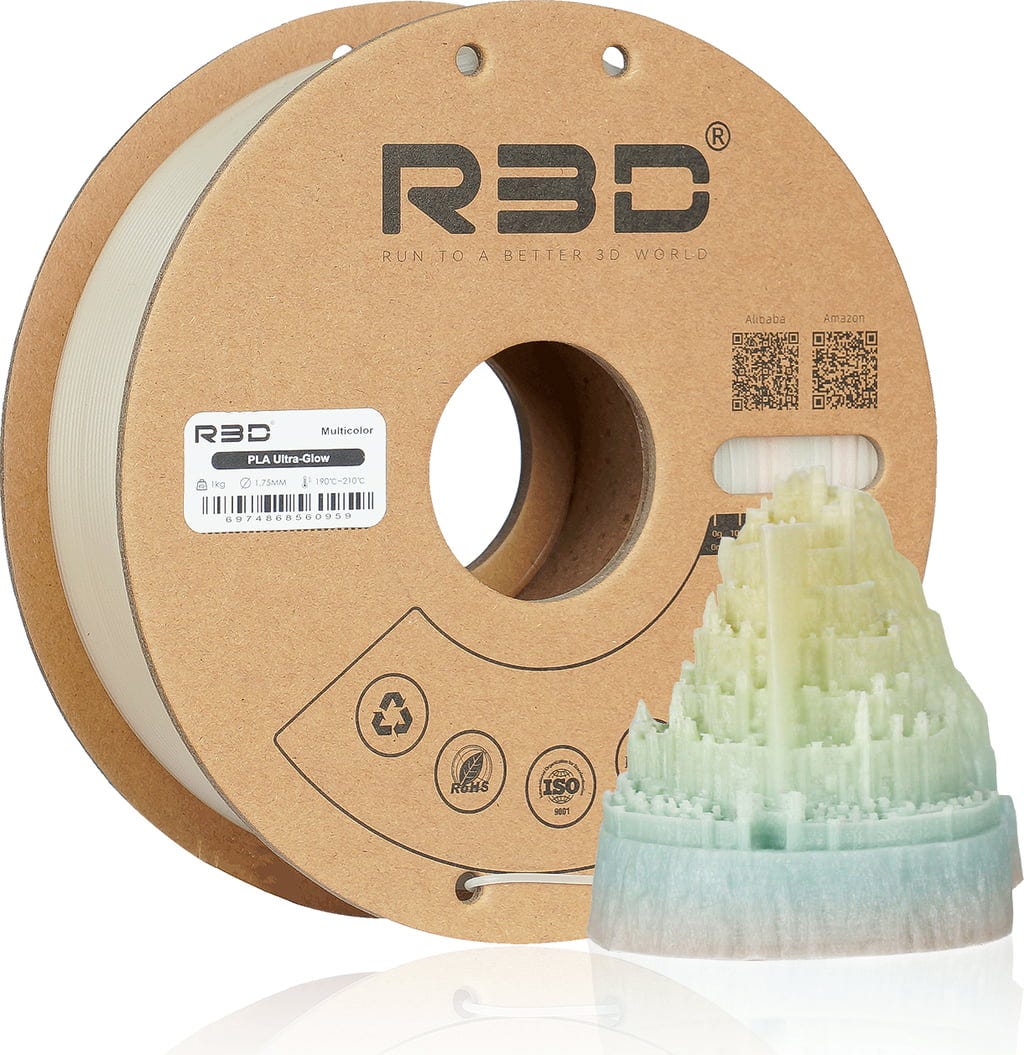 R3D  PLA Ultra-Glow Multicolor, 1,75 mm / 1000 g    Mehrfärbiges PLA-Filament mit starkem Leuchteffekt