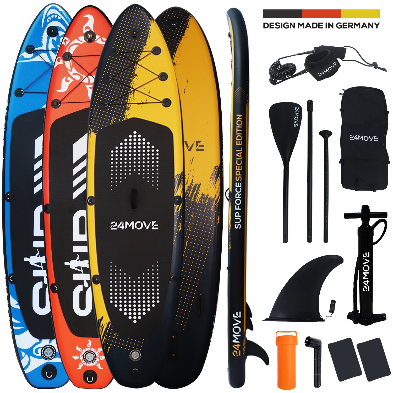 24MOVE® Standup Paddle Board SUP, inkl. umfangreichem Zubehör, Paddel und Hochdruckpumpe, ROT, 305x76x15cm