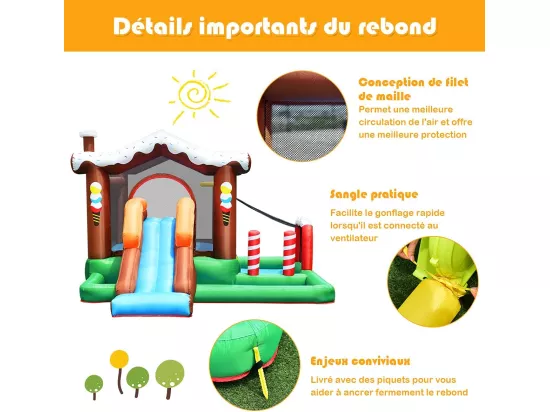 Château Gonflable pour Enfants avec Toboggan Cercle de Basket-Ball Mur d'escalade Filet de Sécurité Sac Design Mignon (sans Souffleur)