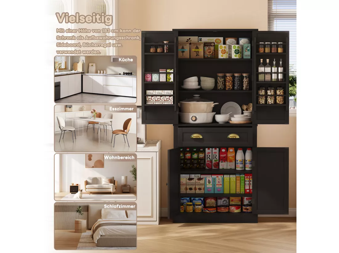 Buffet de cuisine avec 4 portes et 1 tiroir - 80 x 40 x 182 cm - étagères réglables - Bois MDF - Noir