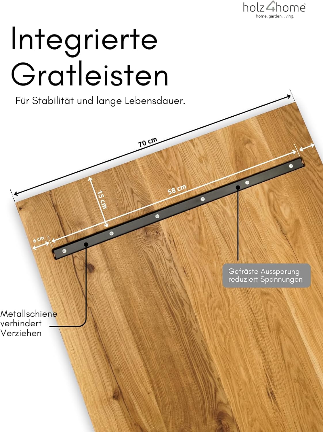 holz4home® Tischplatte mit Baumkante Massivholz Eiche I 100 x 70 x 4 cm LxBxH I Esstisch-Platte Schreibtischplatte I Echtholz