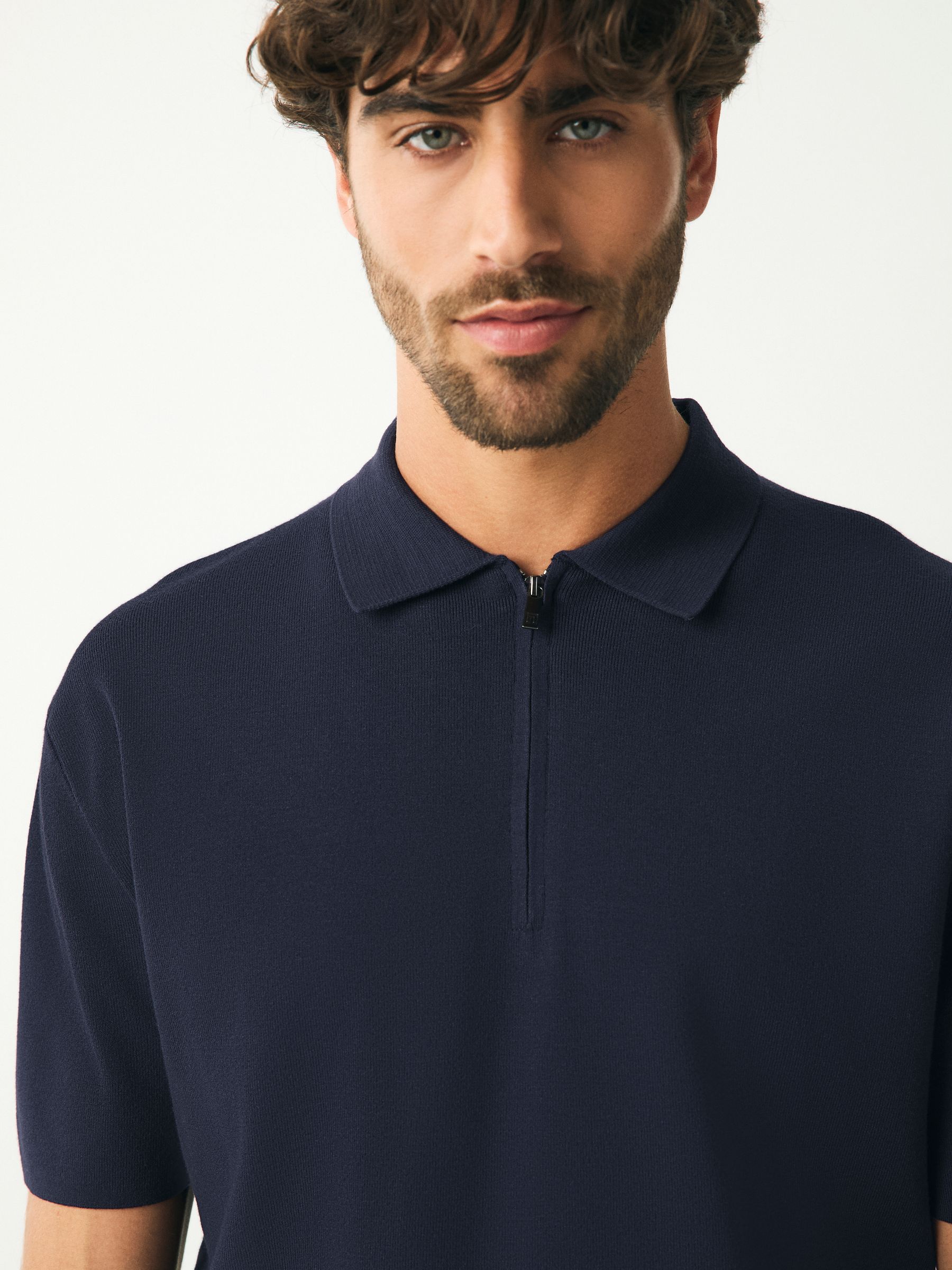 Donkerblauw - Relaxed Fit Premium middelzwaar gebreid poloshirt met korte mouwen