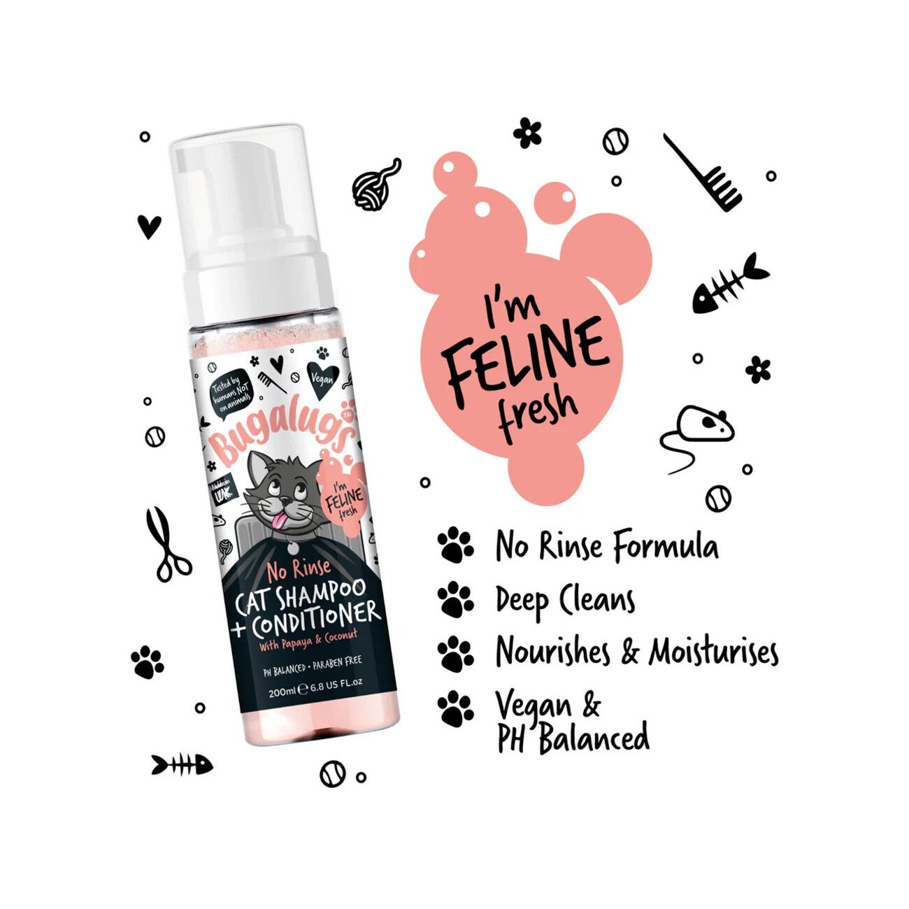 Bugalugs Katzen-Shampoo & Conditioner No-Rinse – Sanfte Reinigung und Pflege für empfindliche Katzen