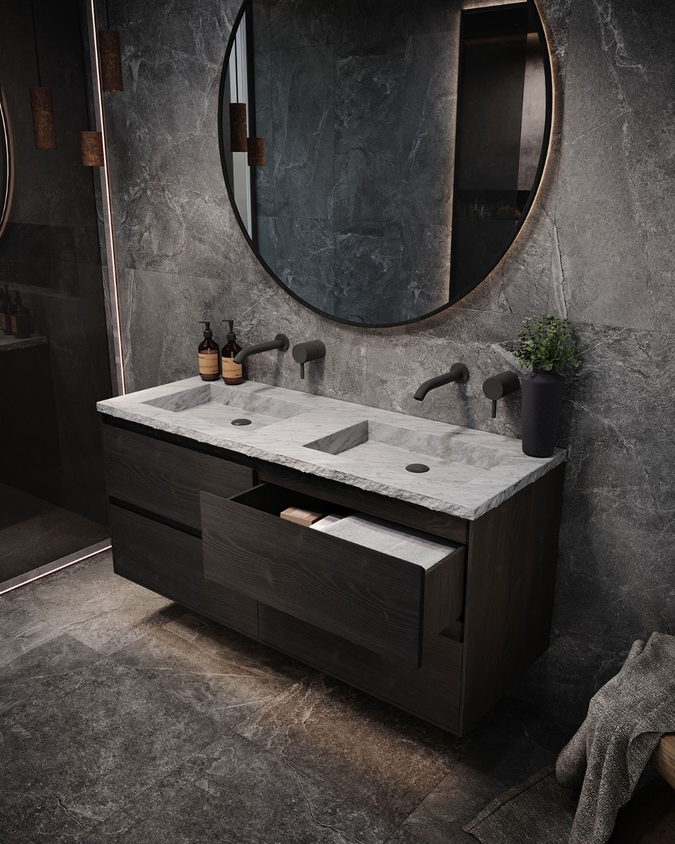 Forzalaqua Reno badmeubel 120cm black oiled met Nova wastafel carrara gekapt met kraangat