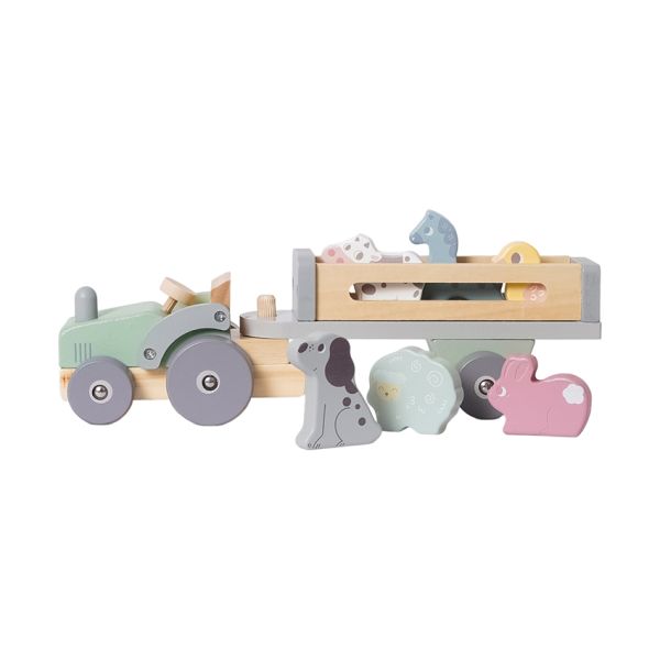 Phoohi Houten Traktor Met Trailer 8-Delig - Pastelkleur