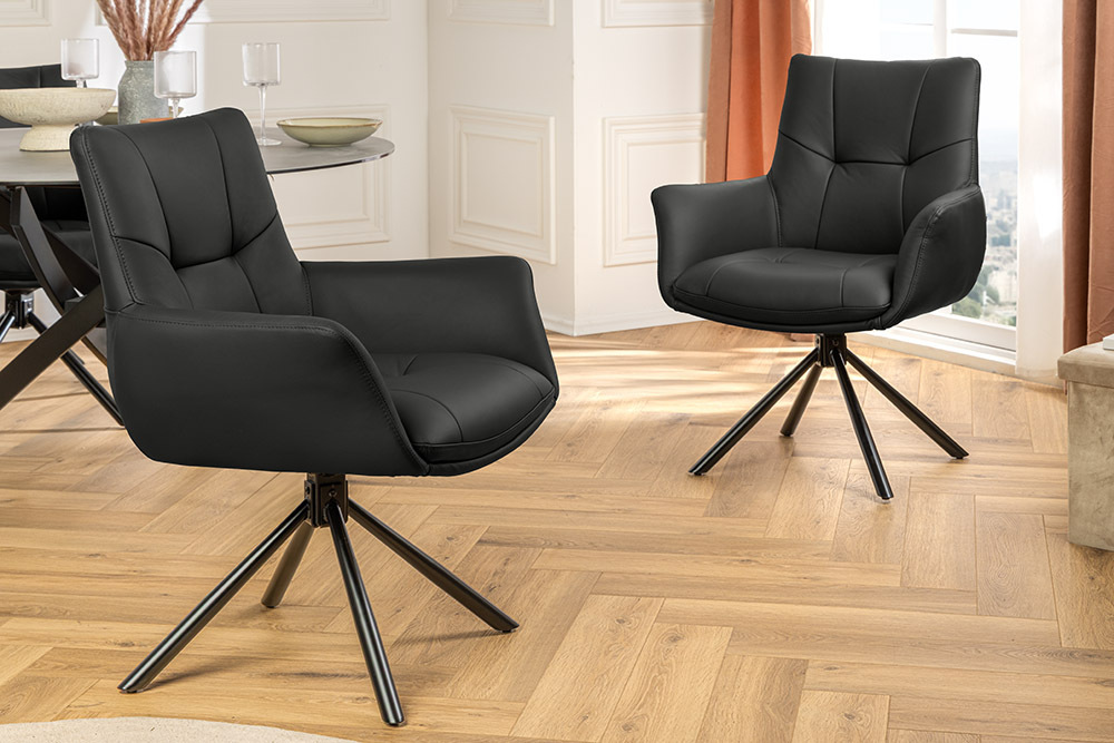 Drehbarer Design Stuhl SIGNATURE schwarz Echtleder 360° Taschenfederkern Metall