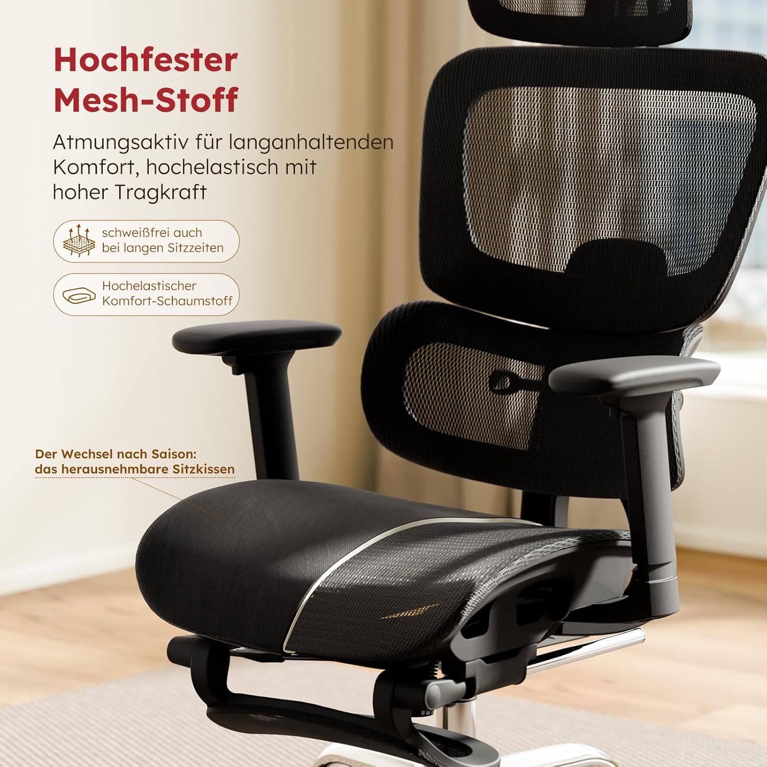 Ergonomischer Bürostuhl Voll-Mesh mit Abnehmbarem Kissen, Fußstütze, Höhenverstellbarem Rückenlehne, Kopfstütze & Armlehnen, Selbstanpassende Lendenstütze, PU-Rollen, 360° Drehbar, 150 kg , Schwarz KH8388908