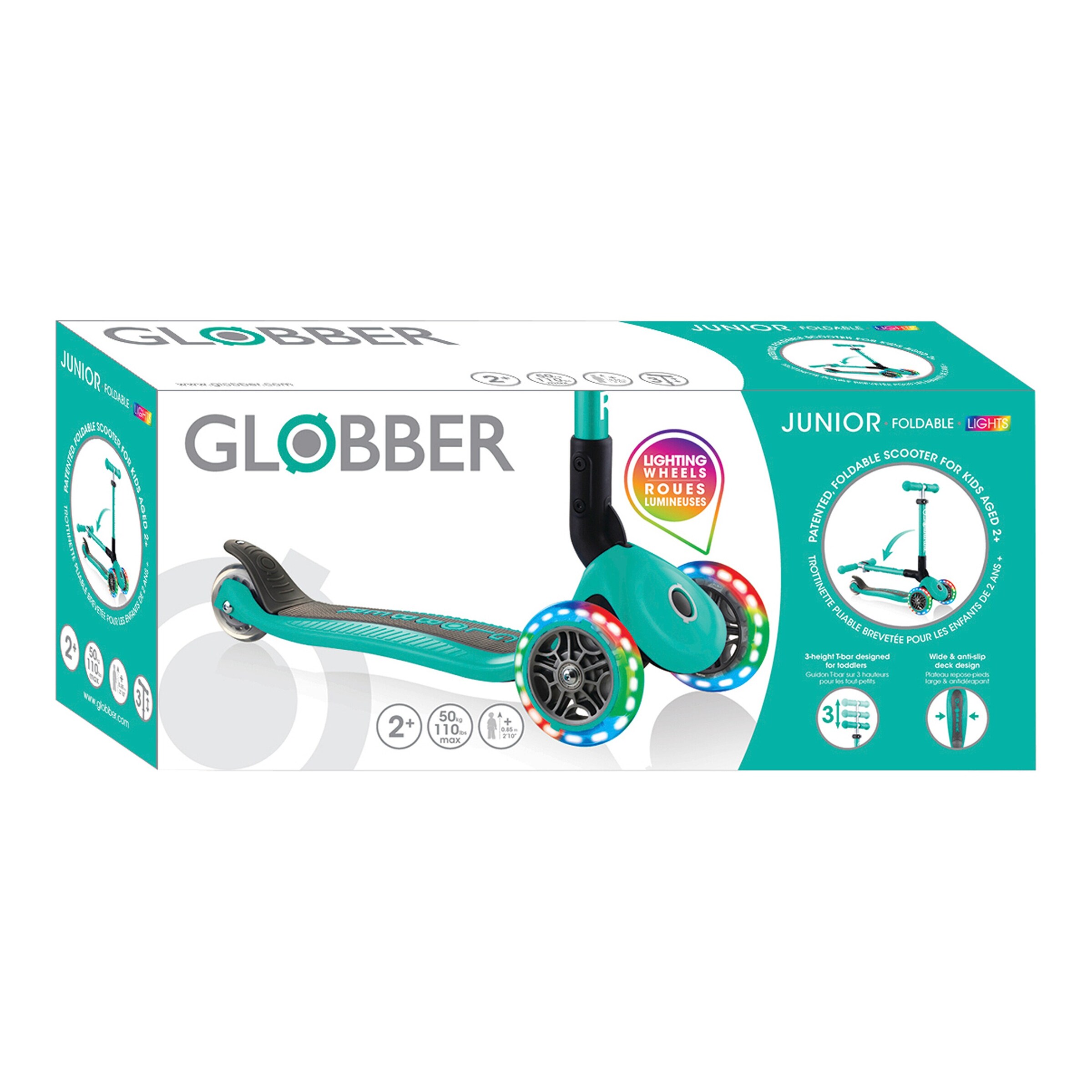 Globber Scooter Junior mit Leuchtrollen türkis