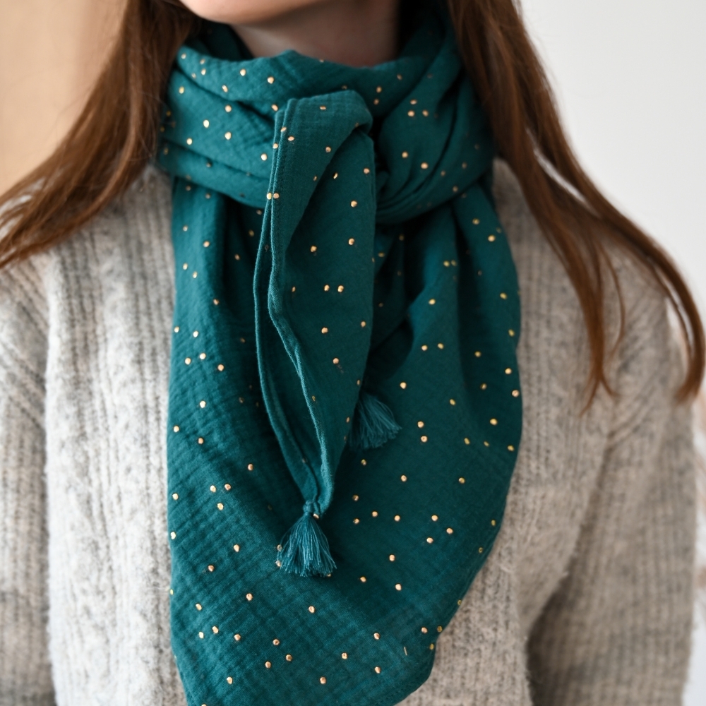 Foulard Pompon Gaze Pois Or Vert Canard