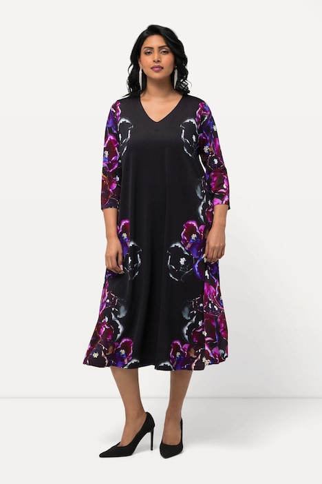 Slinkykleid, Blüten, A-Linie, V-Ausschnitt, 3/4-Arm