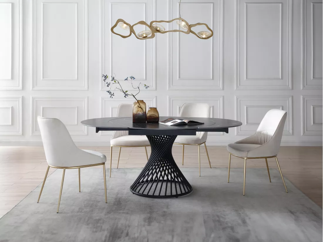 Table à manger extensible 4 à 8 personnes en céramique et métal - Effet marbre noir - CASTINA