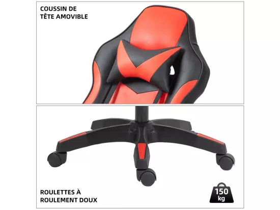 Fauteuil de gaming réglable avec repose-pied, coussin de tête et coussin lombaire - noir et rouge