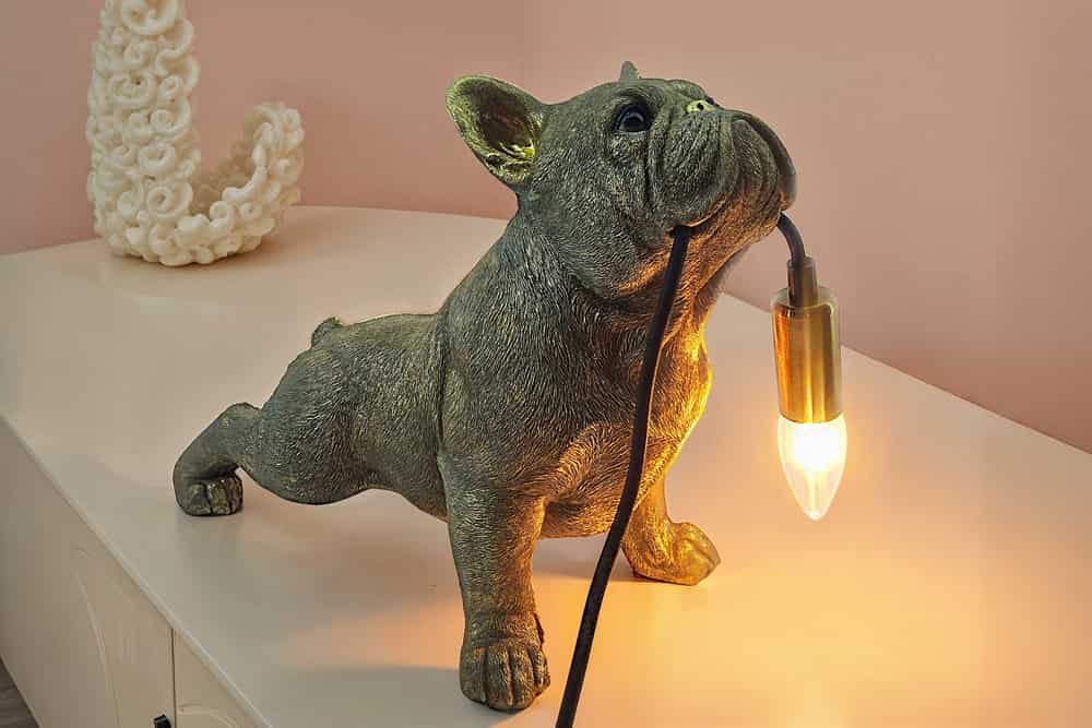 Handgefertigte Tischlampe BULLDOG 35cm gold Hunde-Skulptur