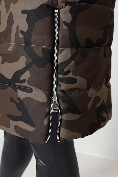 Long-Steppweste, Straight Fit, Camouflage, Kapuze, Zipper, Seitenschlitze