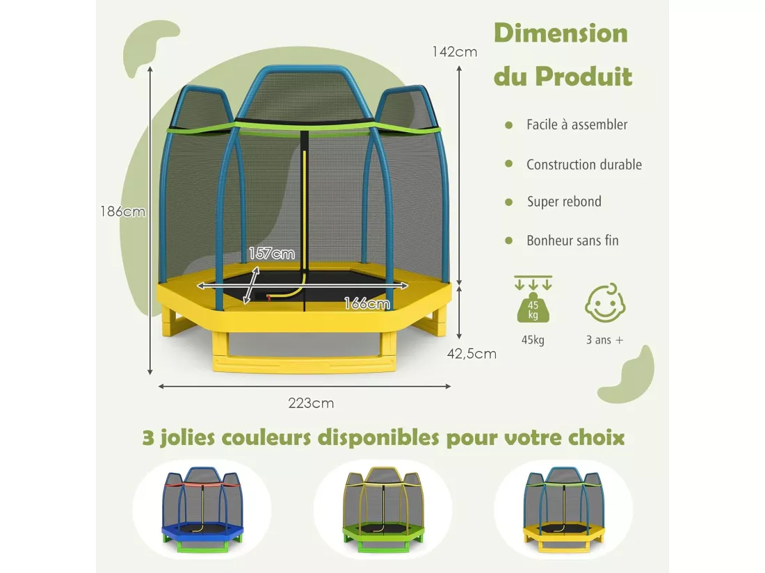 Trampoline Extérieur Ø 223cm Enfants avec Filet de Sécurité, 36 Ressorts Protégés Structure Acier Galvanisé Tapis de Saut PP Jaune
