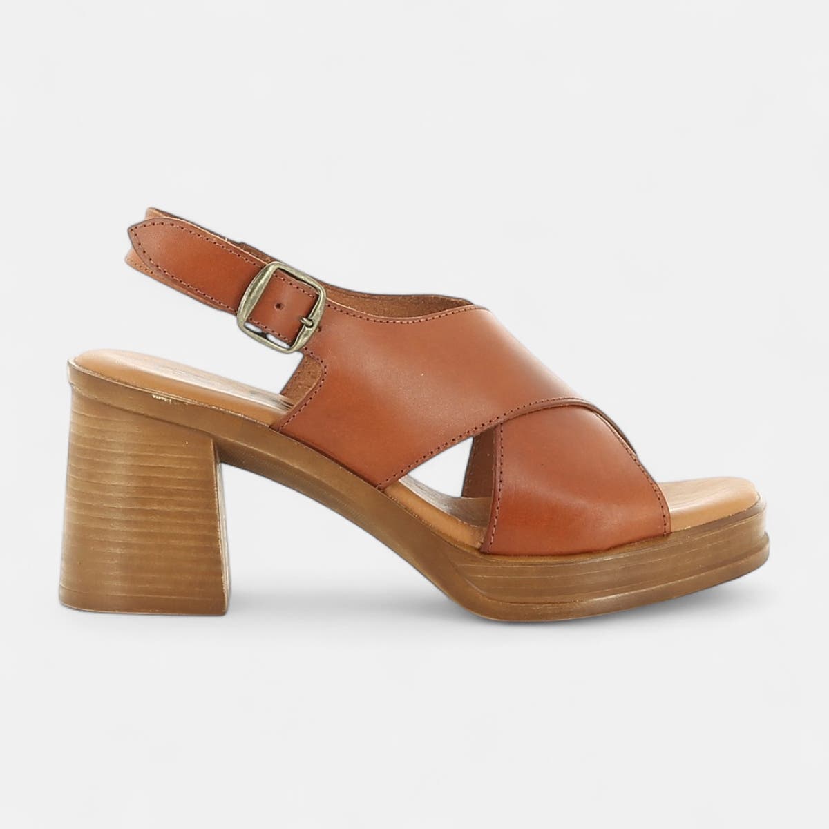 Nu-pieds à talon Femme en cuir cognac