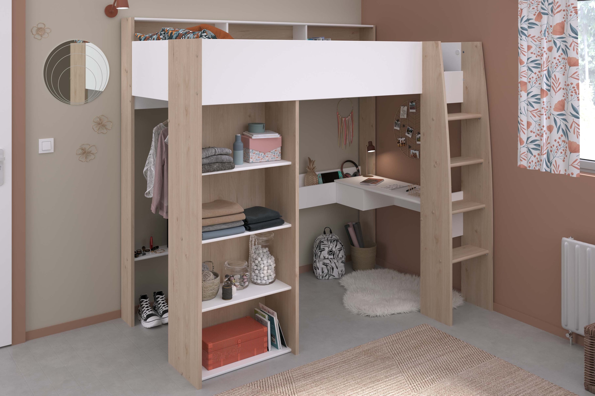Parisot Hochbett »Shelter 11« 1 Stk. tlg. integrierter Schreibtisch, Leiter, Regal, Kleiderstange, Ablagen