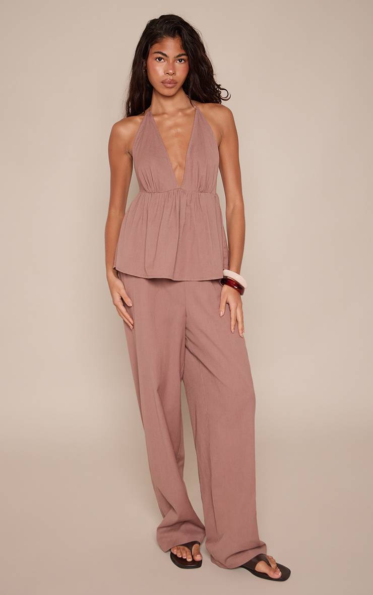 Taupe Combinaison À Col Licou Avec Basque Aspect Lin