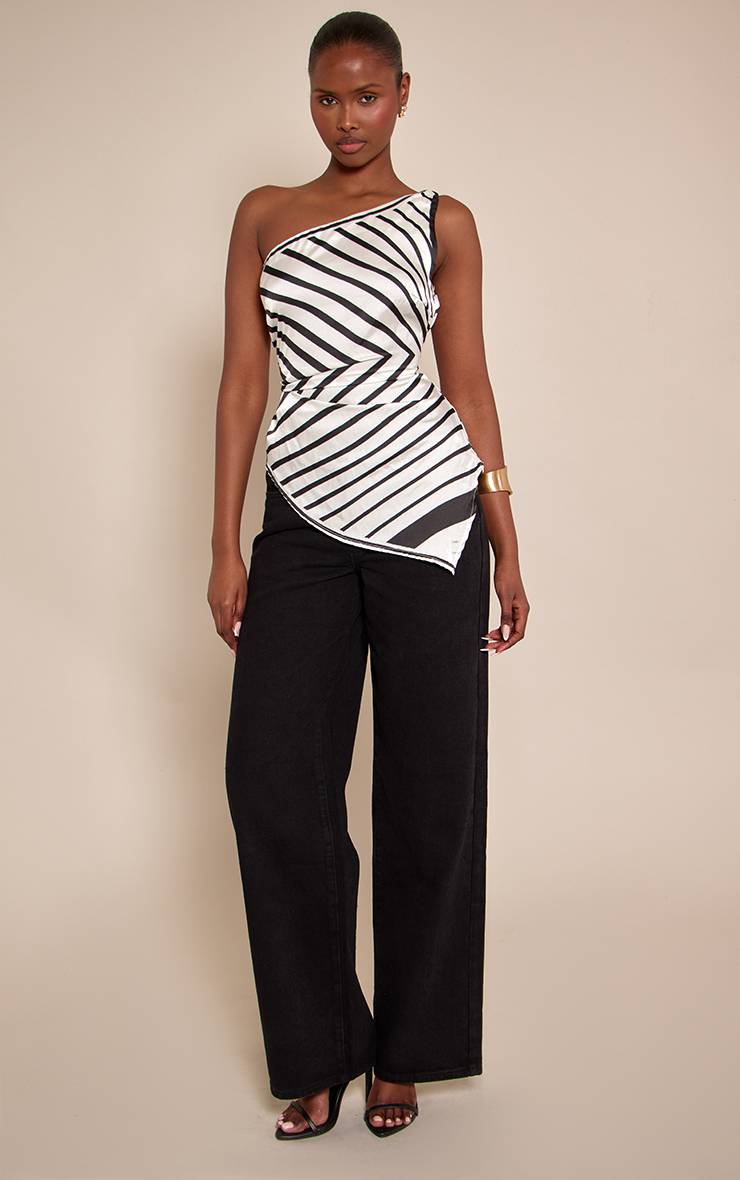 Blanc Haut Asymétrique À Une Épaule En Satin Rayé
