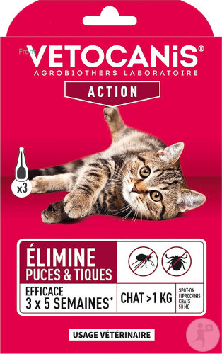 Vetocanis Pipettes Antiparasitaire Chat > 1kg Anti-Puces Et Anti-Tiques 3 Pièces