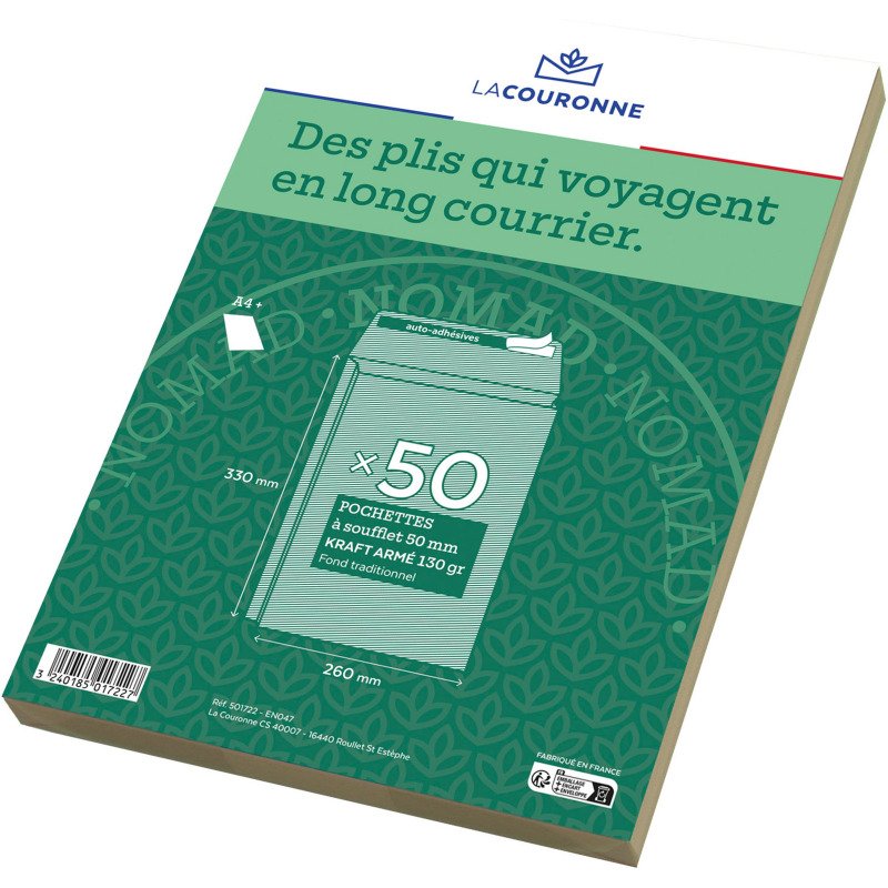 La Couronne - Pochette à soufflets 5 cm kraft brun armé 260 x 330 mm 130 g sans fenêtre - Paquet de 50