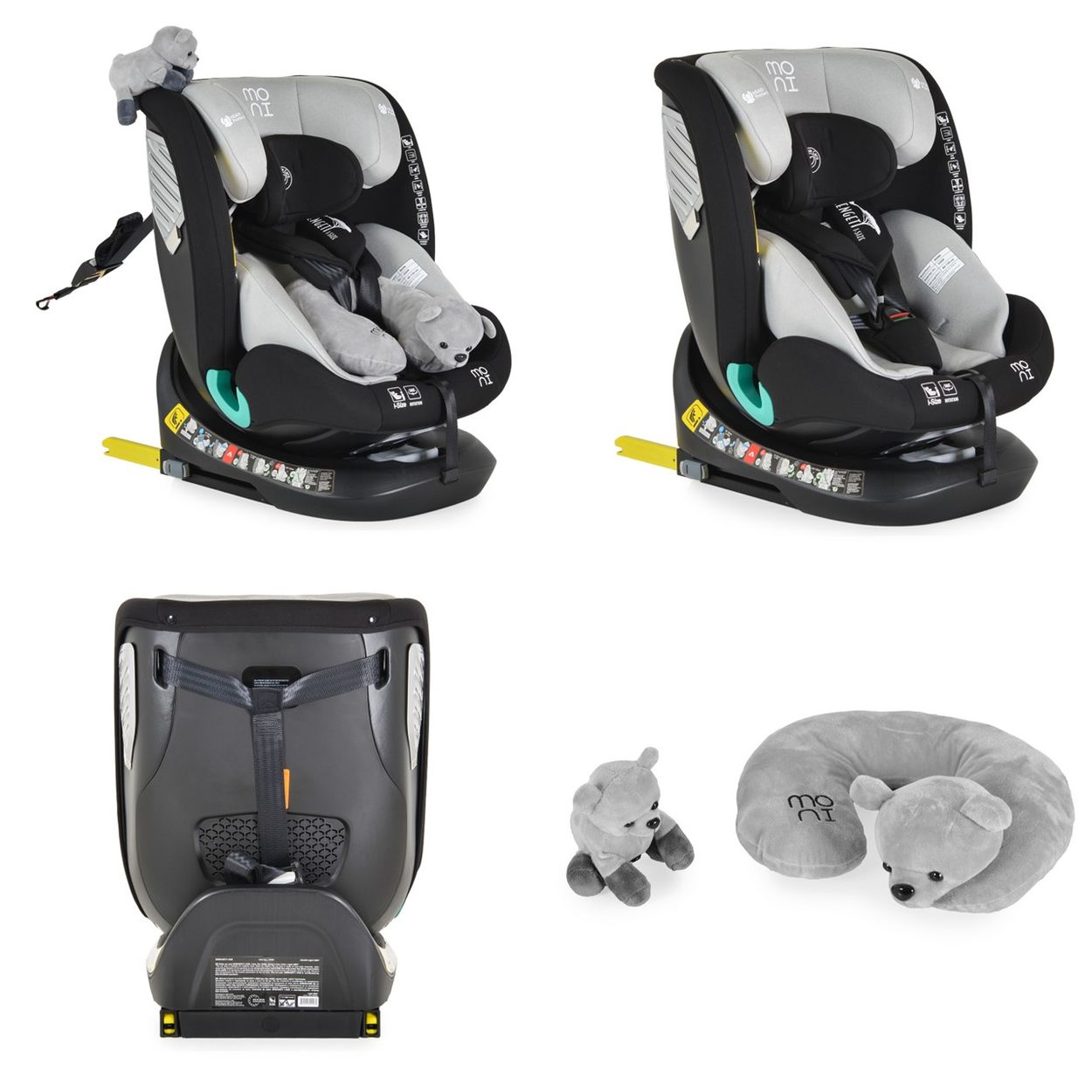 Moni Kindersitz Serengeti i-Size (40-150cm) Isofix, Kuscheltier, Nackenkissen grau