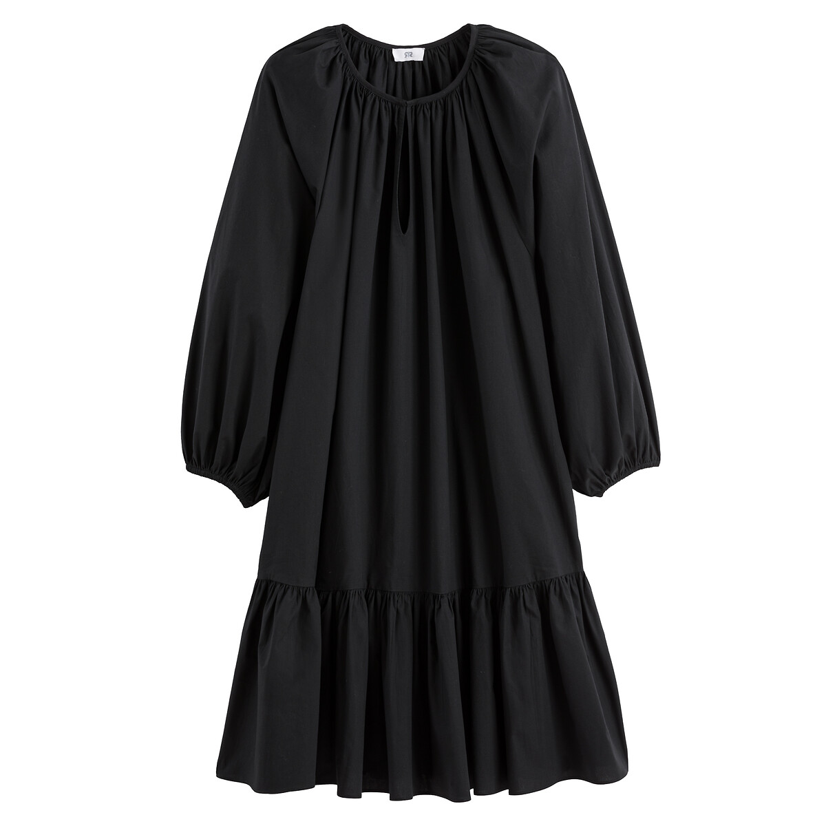 COLEÇÃO LA REDOUTE<br>Vestido com estampa de bandeira, decote redondo, mangas 3/4, comprimento midi