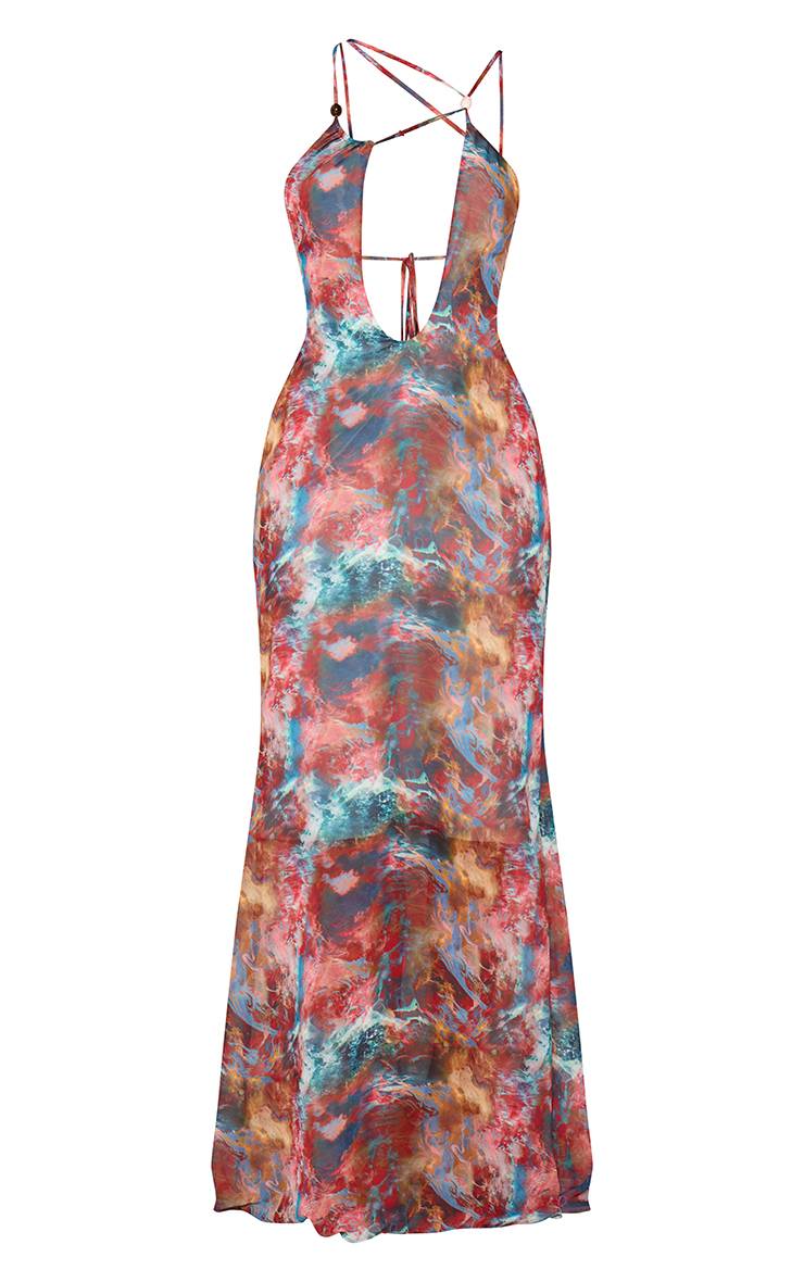 Vert Sauge Robe Longue En Mousseline À Motif Abstrait Avec Détail De Perles Et Devant Croisé