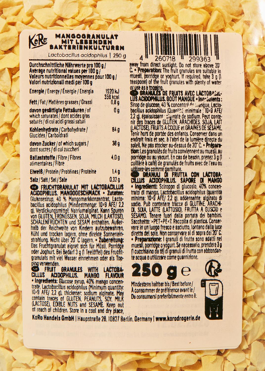 Mangogranulat mit lebenden Bakterienkulturen 250 g