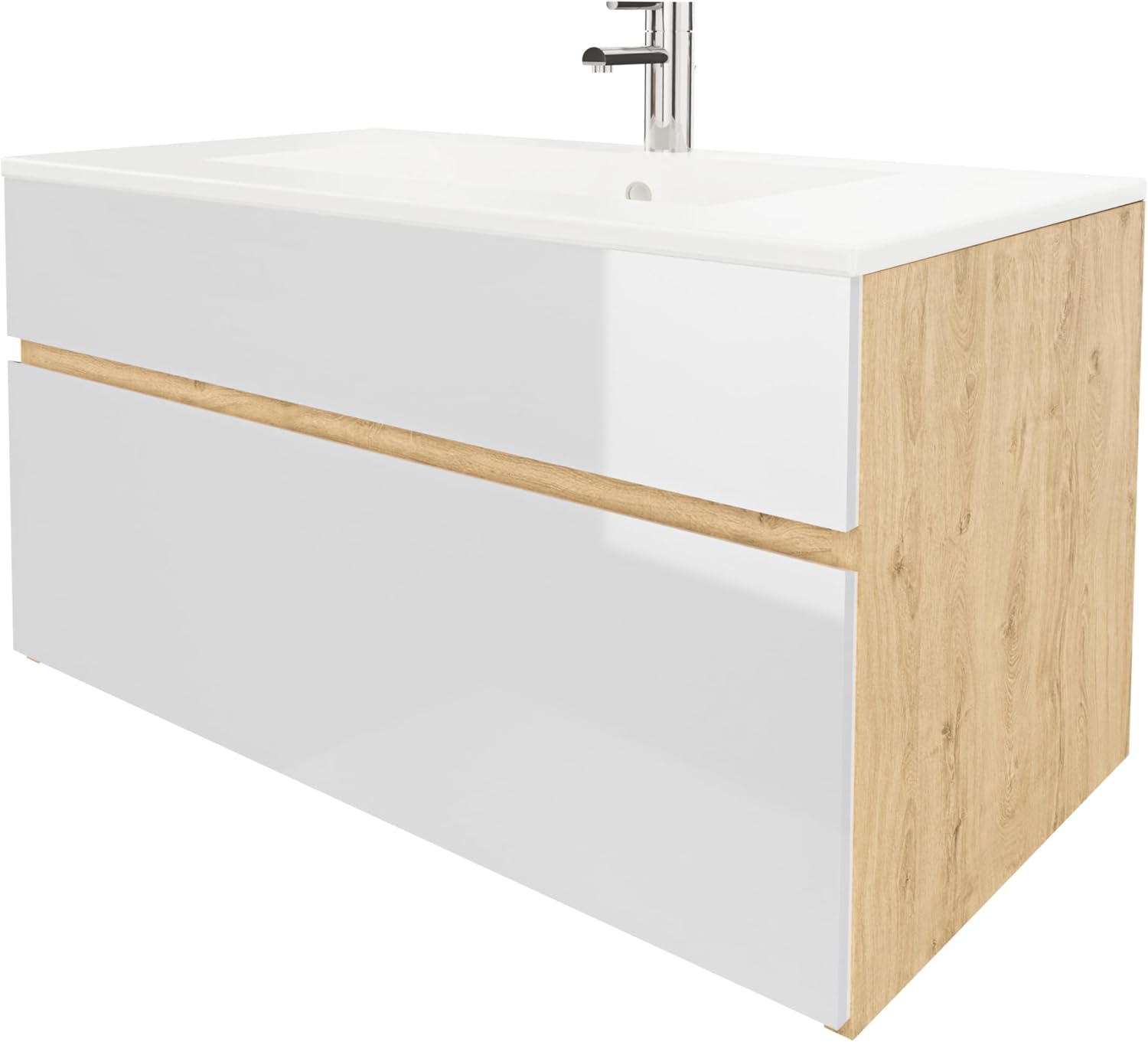 Stella Waschtischunterschrank – Hängend | Eiche Artisan | Weiß Hochglanz | 81,2 × 46,5 × 50 cm | Moderner Waschbeckenunterschrank mit Keramikwaschbecken | Waschbecken mit Unterschrank