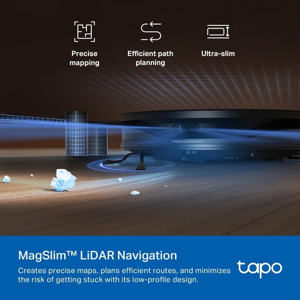 TP-Link Tapo RV20 Max Plus 5300Pa Saugroboter mit MagSlim™ LiDAR Navigation, ultradünnem Design, Auto-Leer-Dock, intelligenter anpassbarer Reinigung und Sprachsteuerung