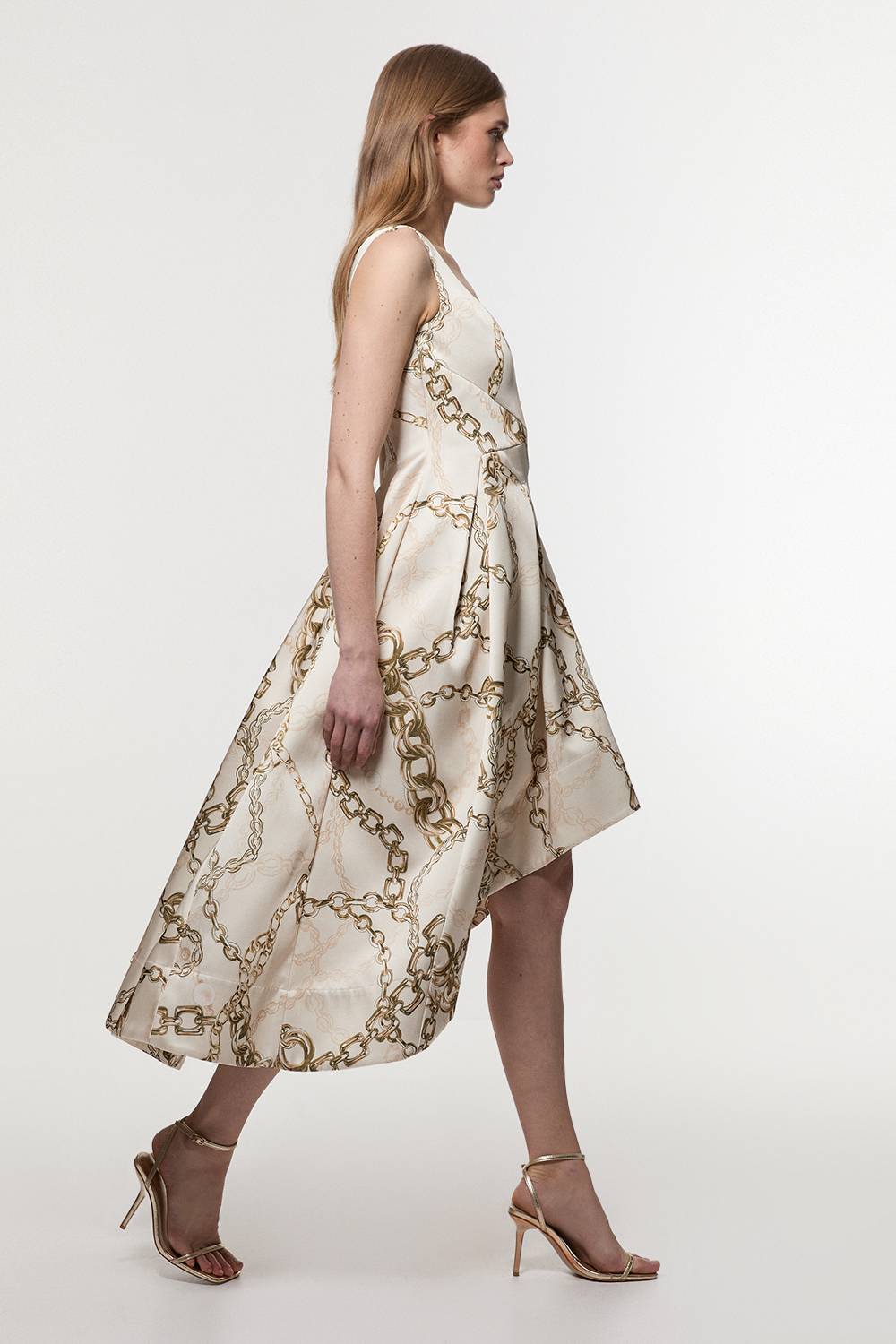 KarenMillen Robe maxi de bal structurée en satin de viscose à imprimé chaîne et coupe ajustée