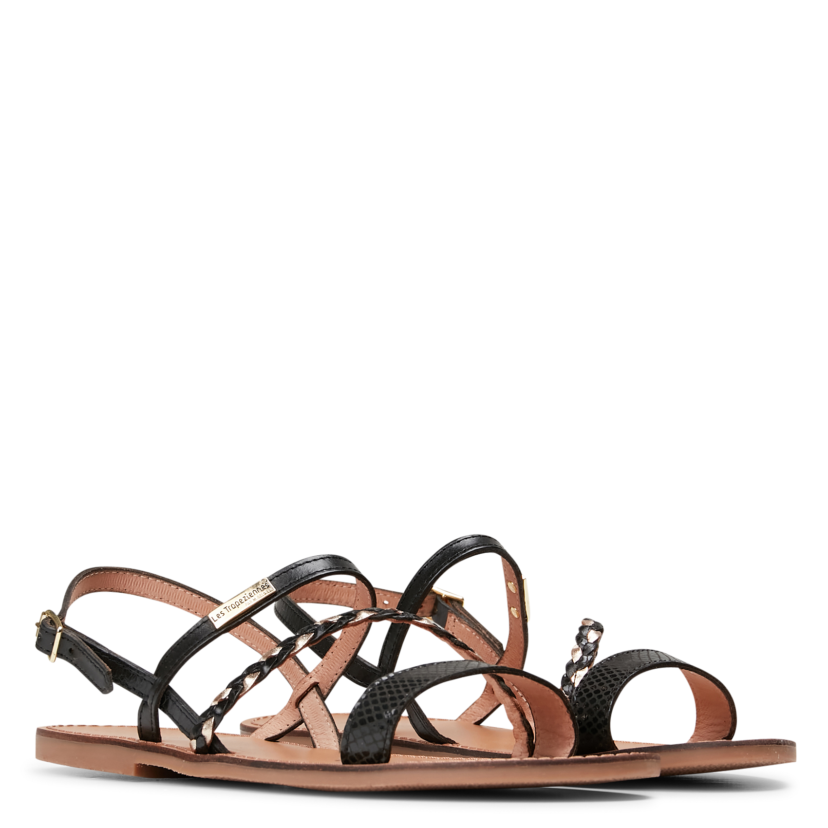 BATRESSE - Sandales plates en cuir doré | Noir