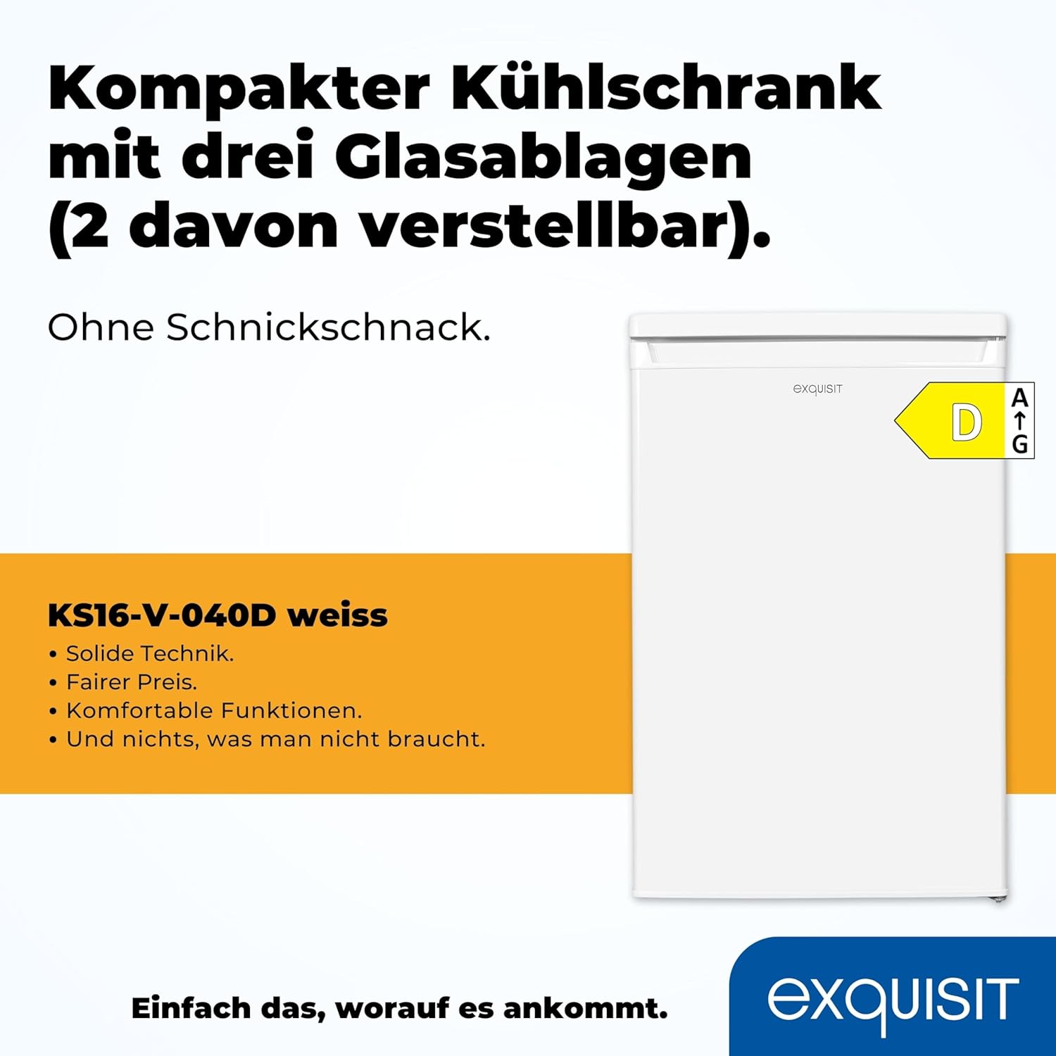 Exquisit Vollraumkühlschrank KS16-V-040D weiss | 126 L Volumen | Kühlschrank ohne Gefrierfach freistehend | Gemüsefach | LED
