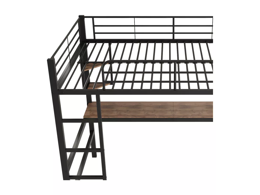 Lit mezzanine en fer - 90x200cm - avec bureau et 5 étagères - Noir
